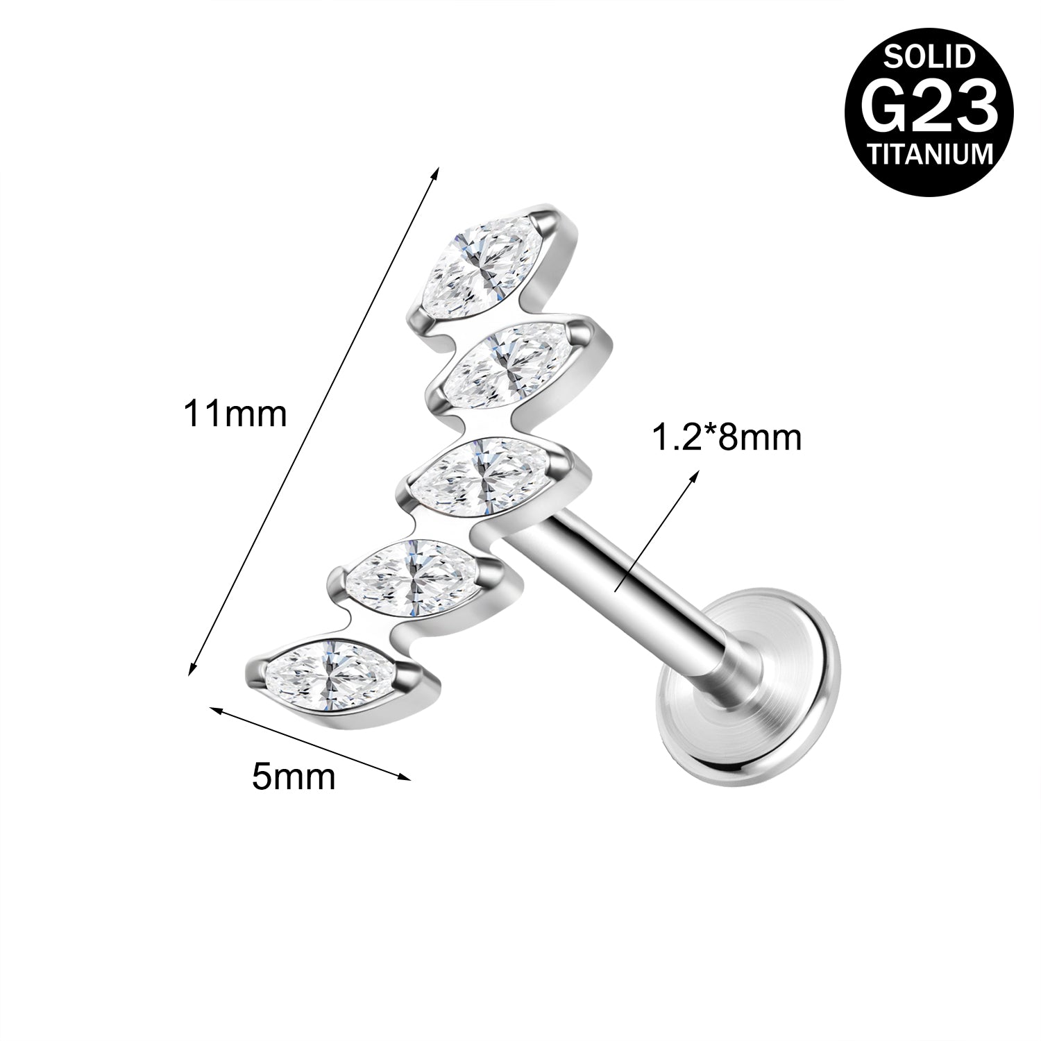 16g G23 Titanium Labret Ring Clear Zircon Stud Earring Threaded Conch Helix Lip Piercing