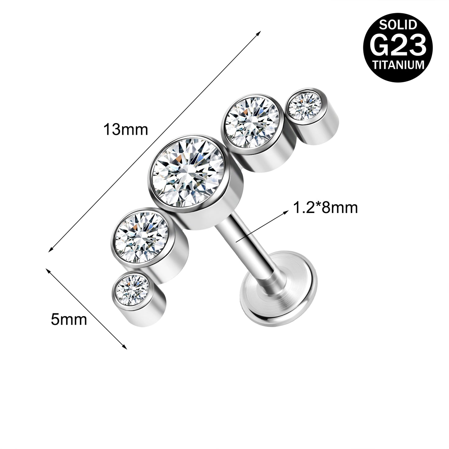 16g G23 Titanium Labret Ring Clear Zircon Stud Earring Threaded Conch Helix Lip Piercing