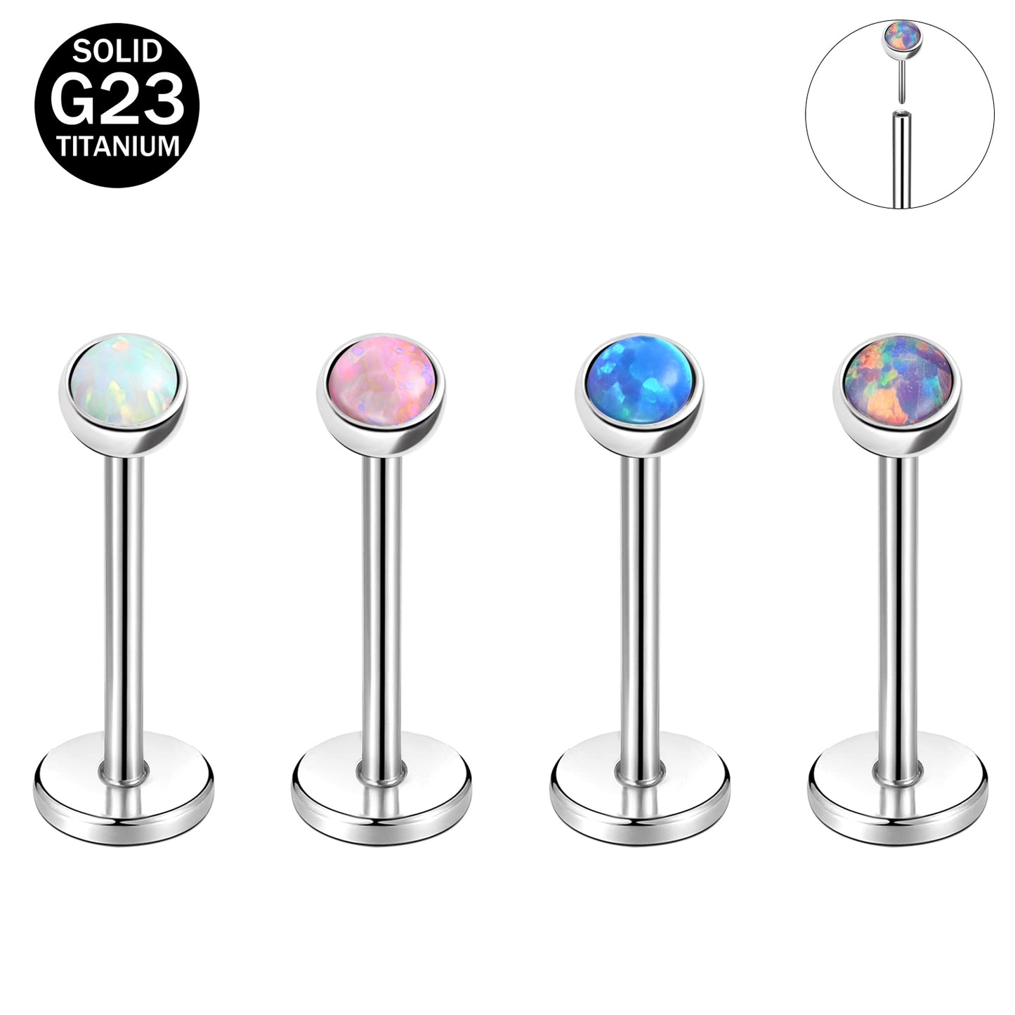 16g G23 Titanium Labret Ring Opal Stud Earring Threaded Conch Helix Lip Piercing