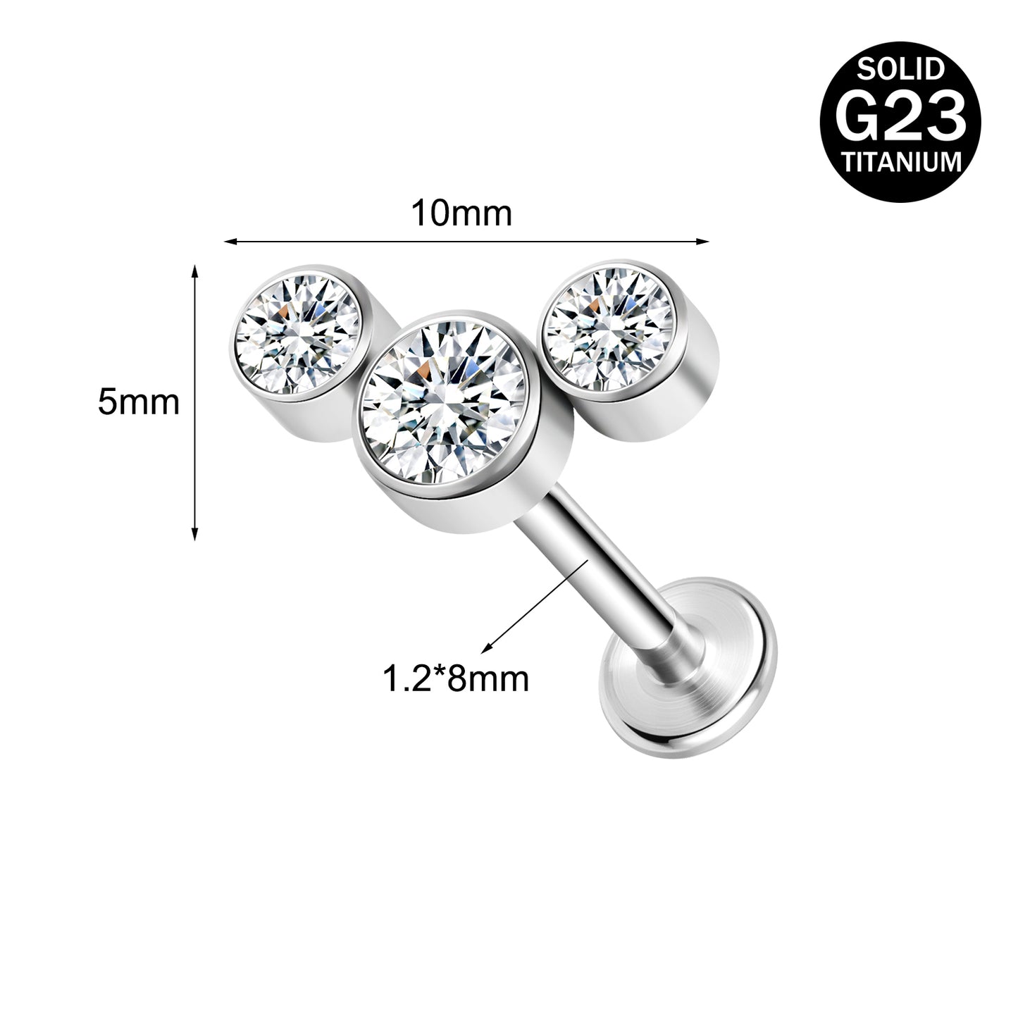 16g G23 Titanium Labret Ring Clear Zircon Stud Earring Threaded Conch Helix Lip Piercing