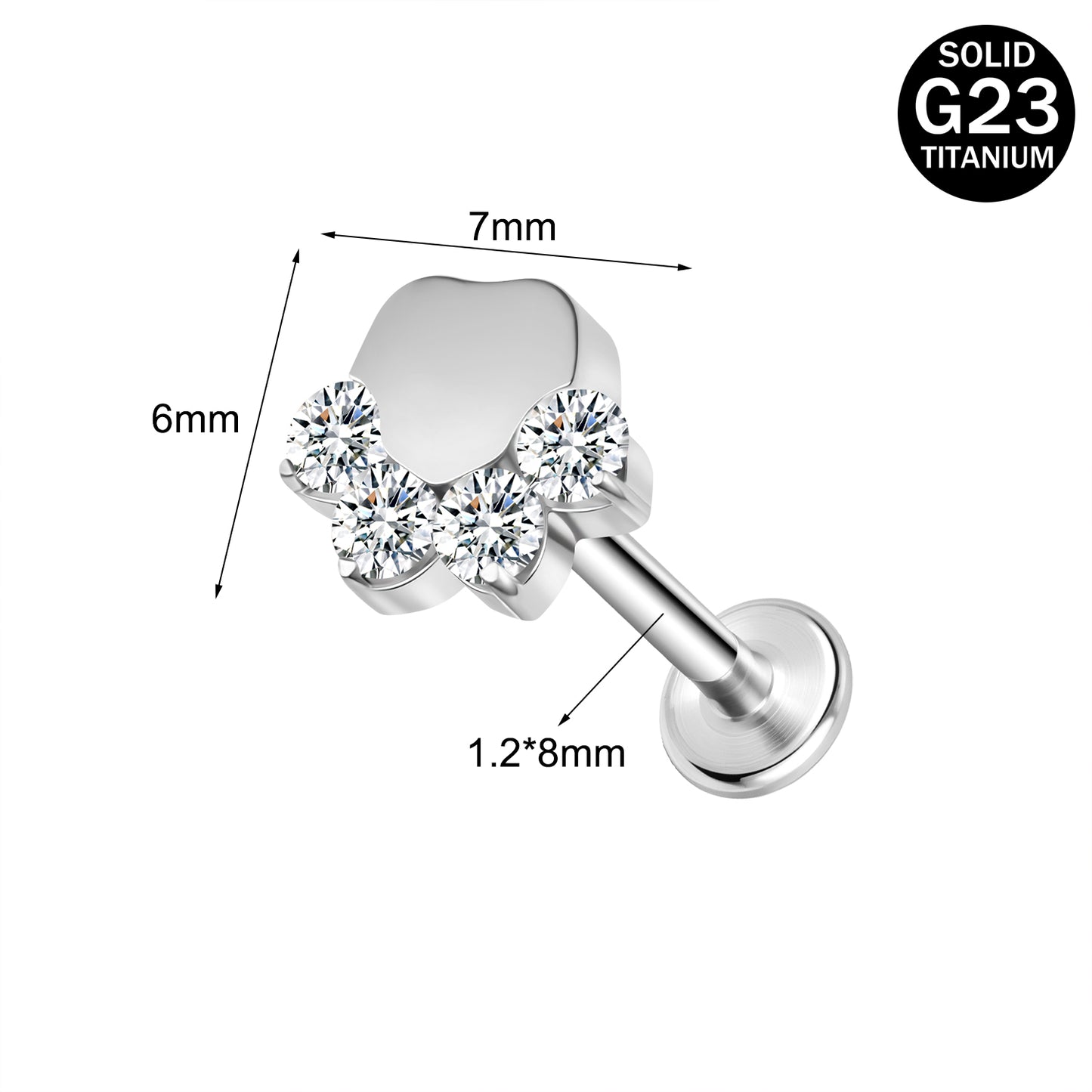 16g G23 Titanium Labret Ring Bear Paw Stud Earring Threaded Conch Helix Lip Piercing