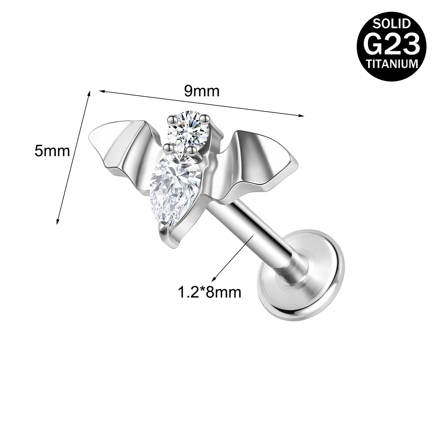 16g G23 Titanium Labret Ring Bat Stud Earring Threaded Conch Helix Lip Piercing