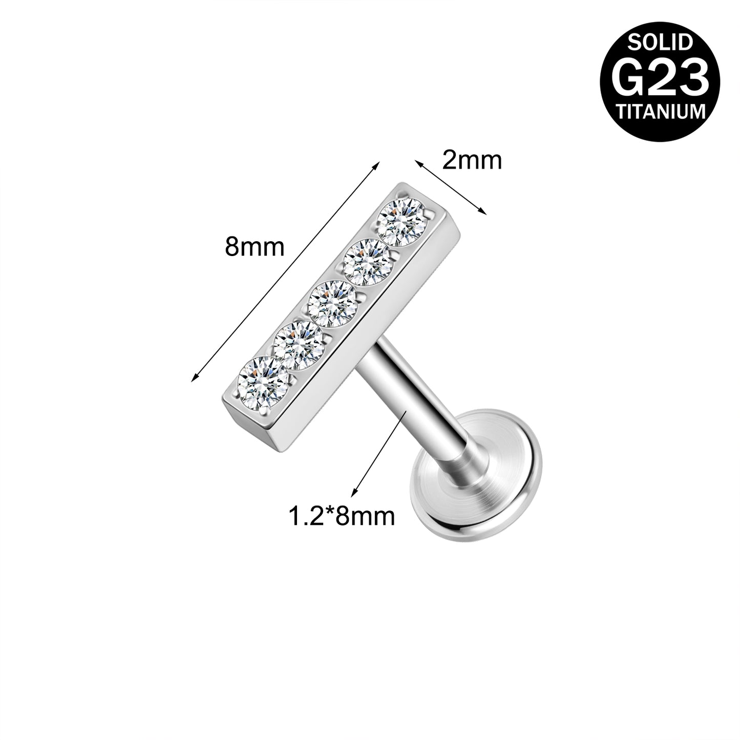 16g G23 Titanium Labret Ring Round Zircon Stud Earring Threaded Conch Helix Lip Piercing