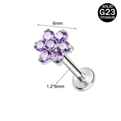 16g G23 Titanium Labret Ring Purple Zircon Stud Earring Threaded Conch Helix Lip Piercing