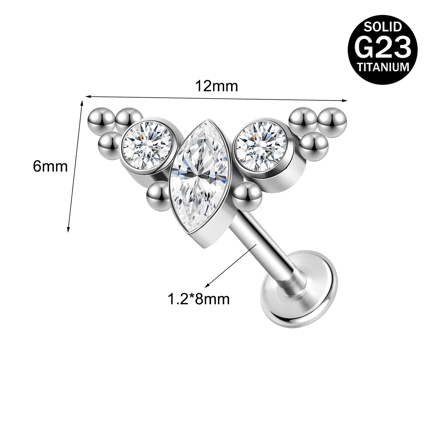 16g G23 Titanium Labret Ring Clear Zircon Stud Earring Threaded Conch Helix Lip Piercing