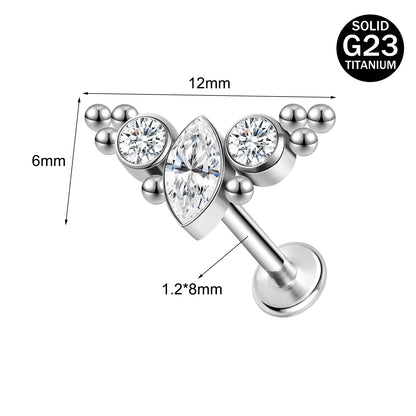 16g G23 Titanium Labret Ring Clear Zircon Stud Earring Threaded Conch Helix Lip Piercing