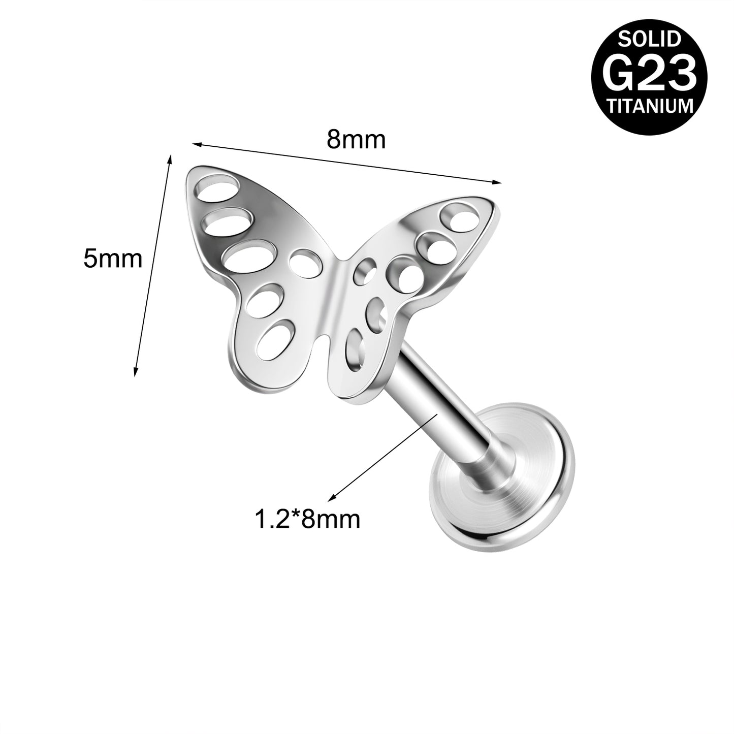 16g G23 Titanium Labret Ring Butterfly Stud Earring Threaded Conch Helix Lip Piercing