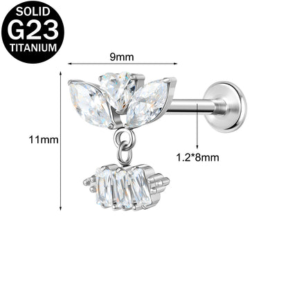 16g G23 Titanium Labret Ring Zircon Dangle Stud Earring Threaded Conch Helix Lip Piercing