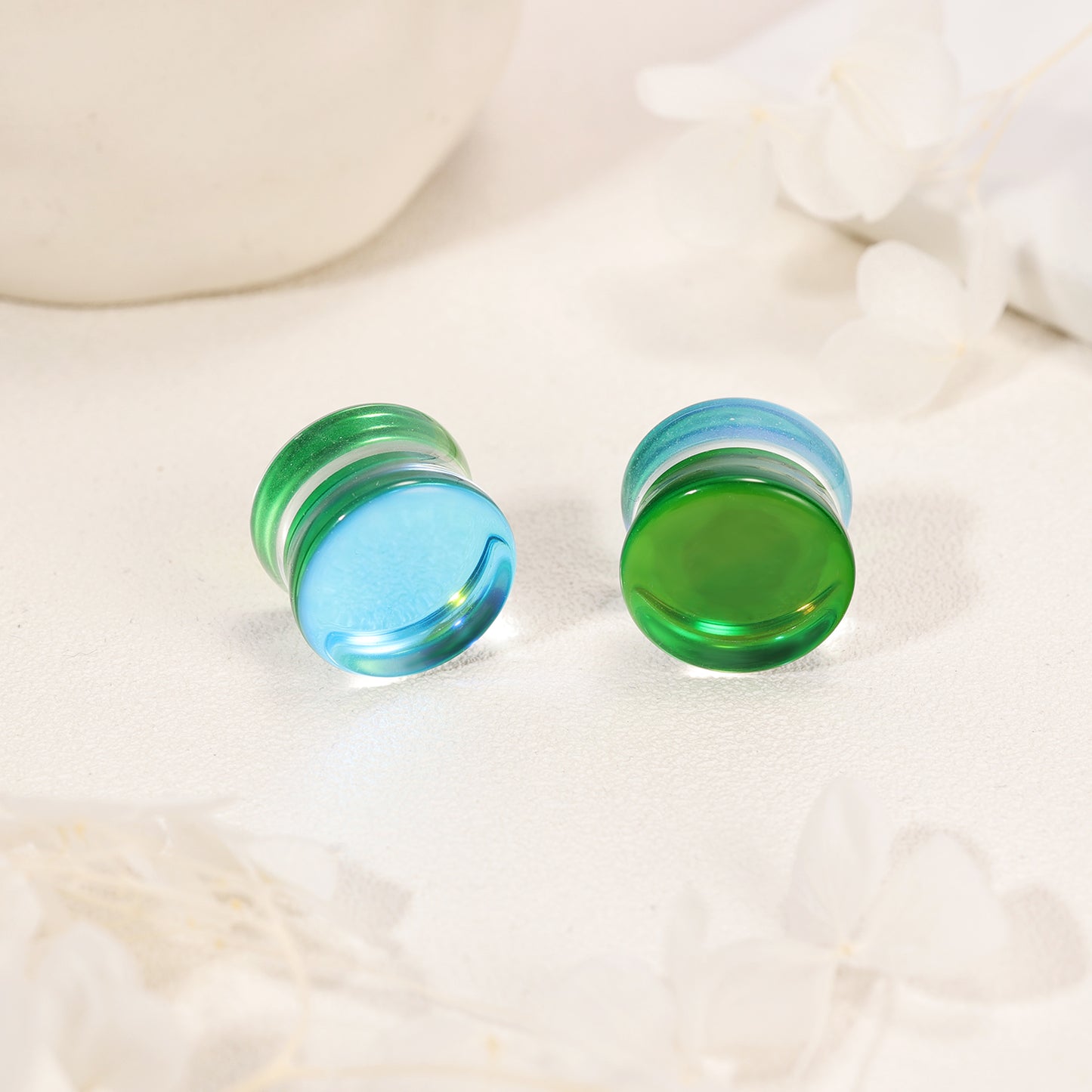 1 Pair 6-14mm Ear Plug Tunnel Green Glass Ear Expanders Double Flare Ear Gauges