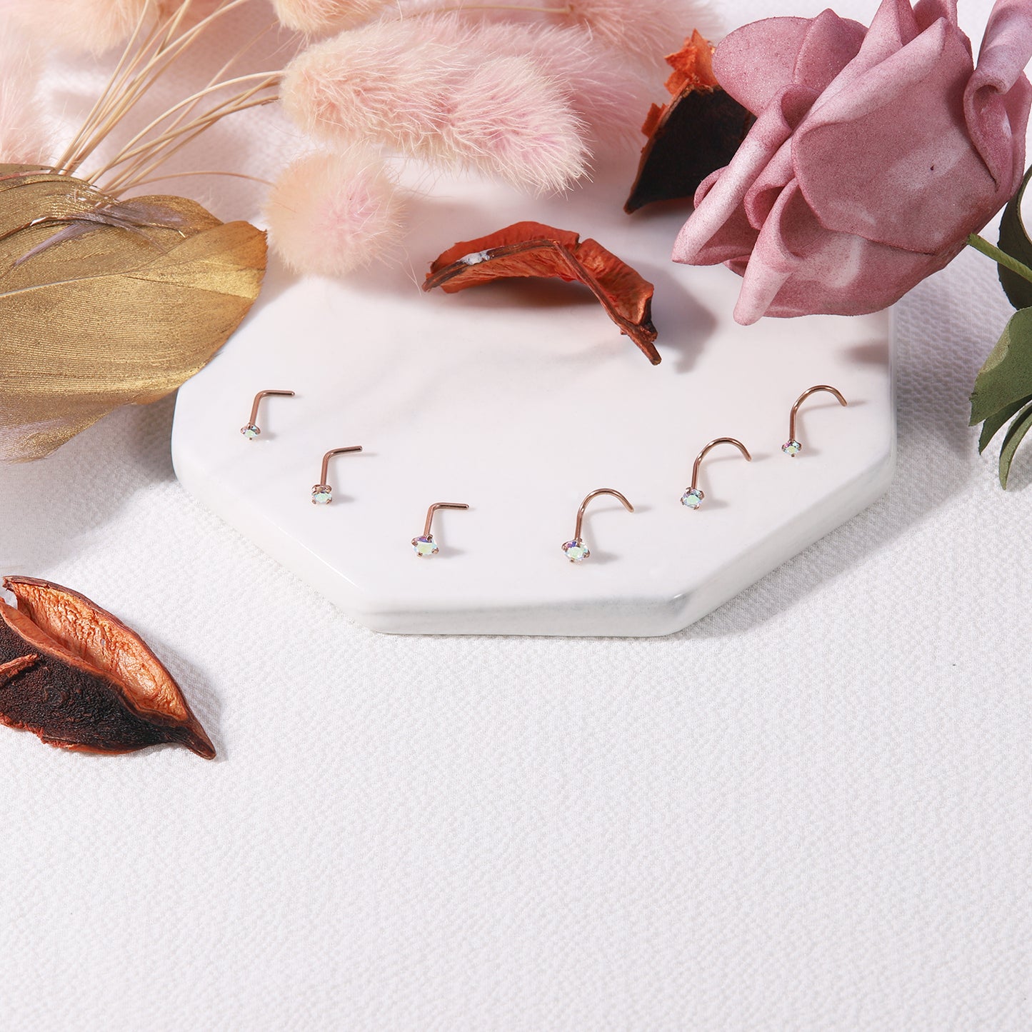 20g-AB-Zircon-Nose-Studs-Piericng-Rose-Gold-Plated-L-Shape-Corkscrew-Nose-Rings