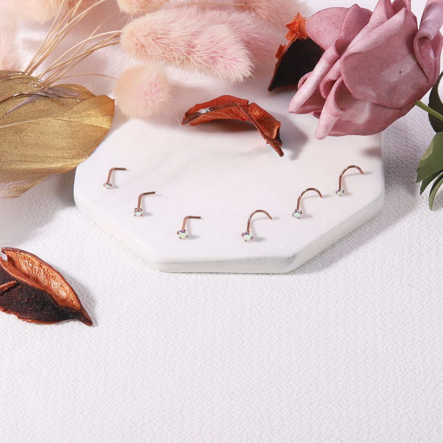 6-Pcs/Set-20G-AB-Zircon-Nose-Studs-Piercing-L-Shape-Nose-Rings-Rose-Gold-Plated-Nostril-Piercing