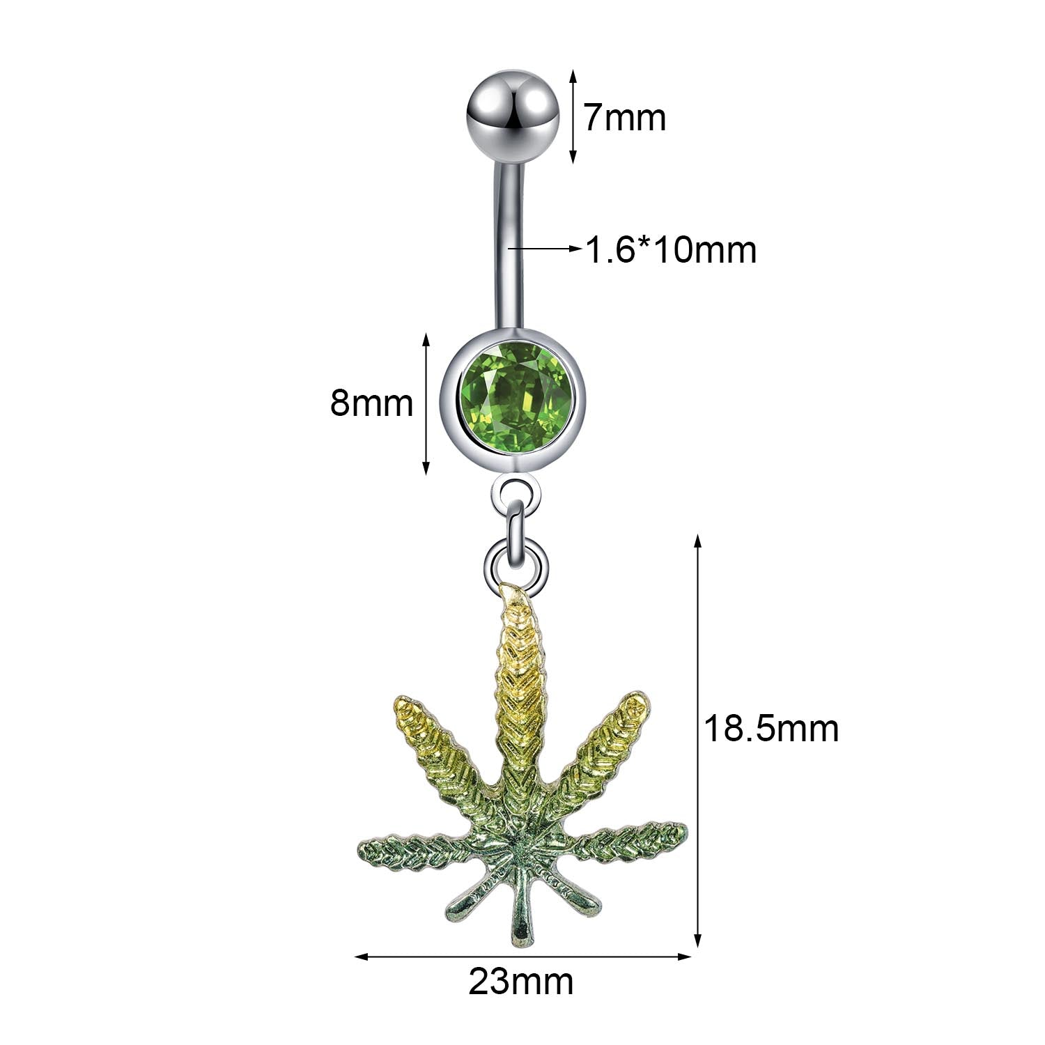 14G Green Grass Leaf Belly Navel Rings Cubic Zirconia Belly Button Rings