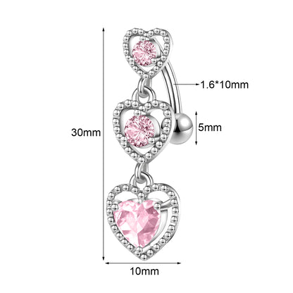 14G Heart Dangle Belly Navel Rings Pink Zirconia Belly Button Rings