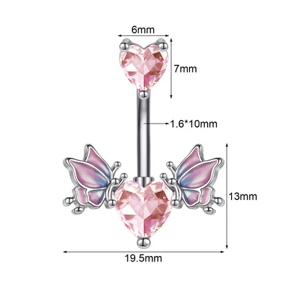 14G Butterfly Belly Navel Rings Pink Heart Zirconia Belly Button Rings