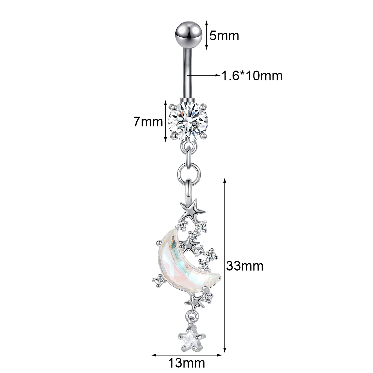 14G Moon Star Dangle Belly Navel Rings Bling Zirconia Belly Button Rings