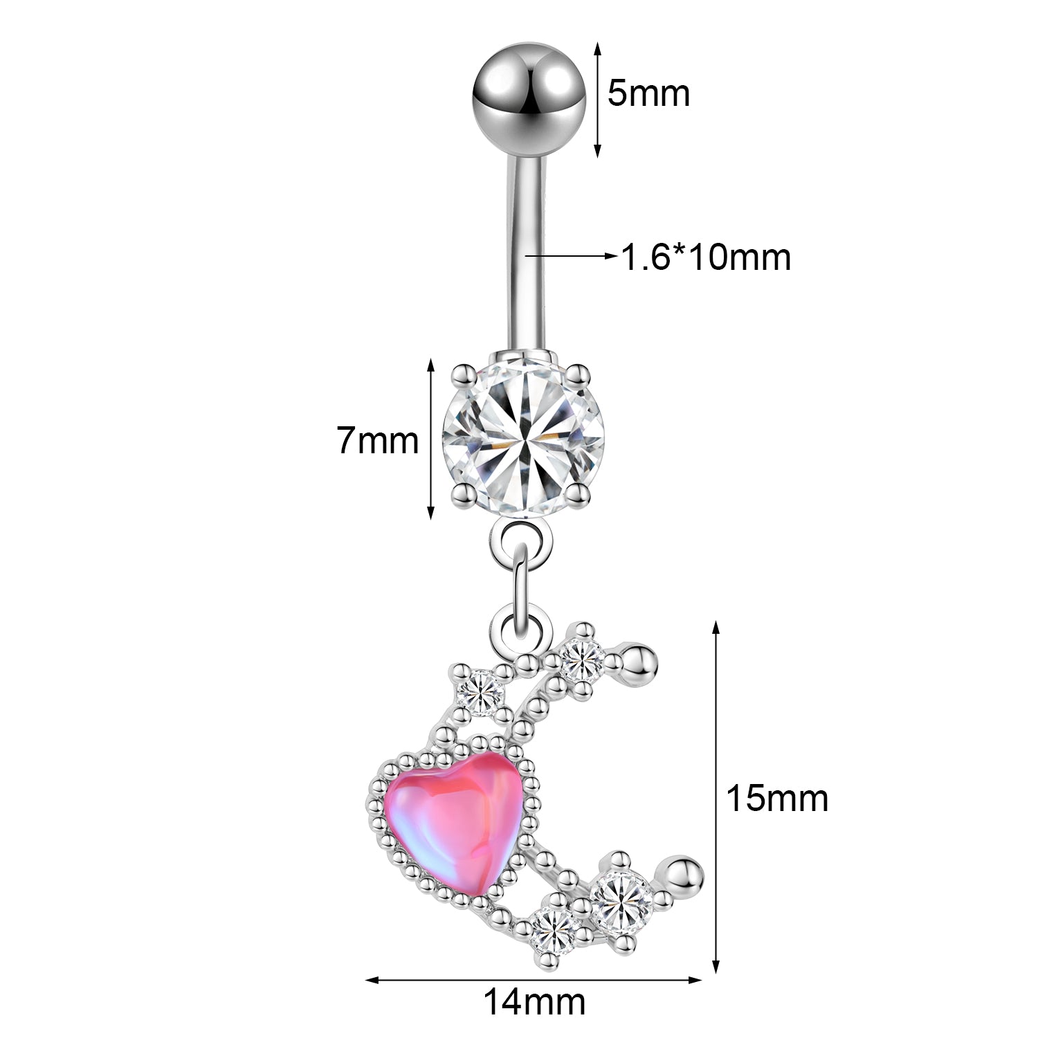 14G Moon Dangle Belly Navel Rings Red Heart Zirconia Belly Button Rings