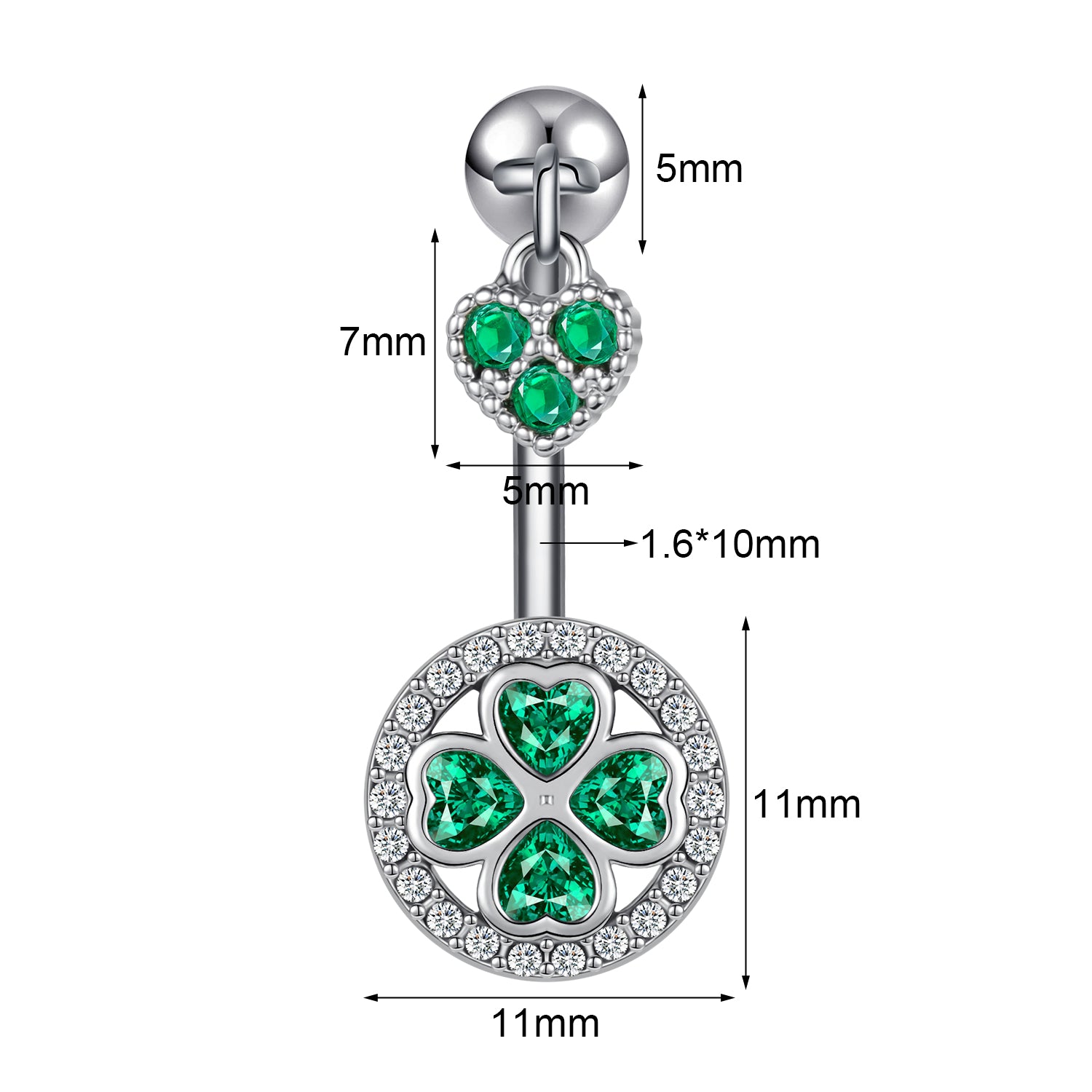 14G Heart Belly Navel Rings Lucky Green Zirconia Belly Button Rings