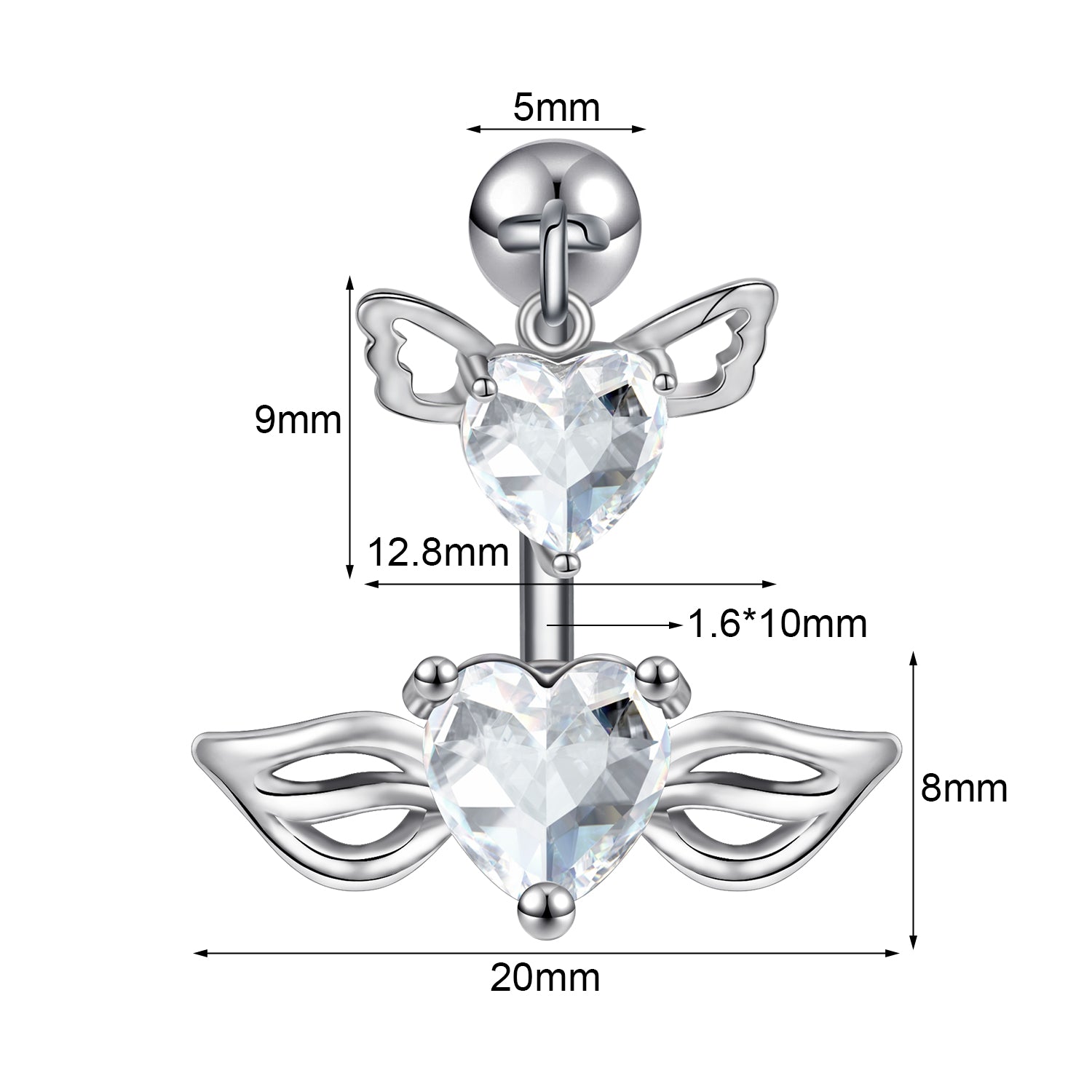 14G Double Wing Belly Navel Rings Heart Zirconia Belly Button Rings