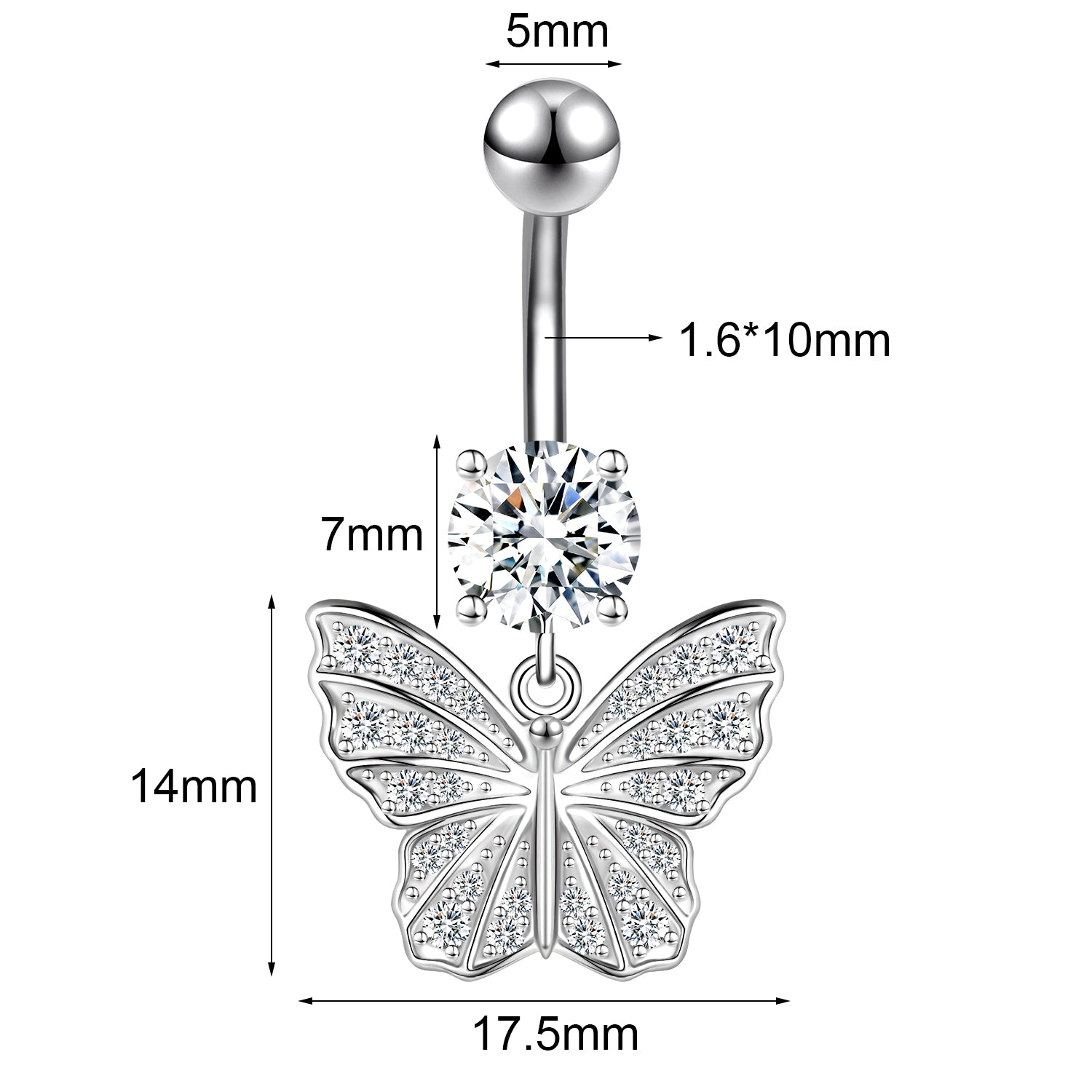 14G Butterfly Dangle Belly Navel Rings Zirconia Belly Button Rings