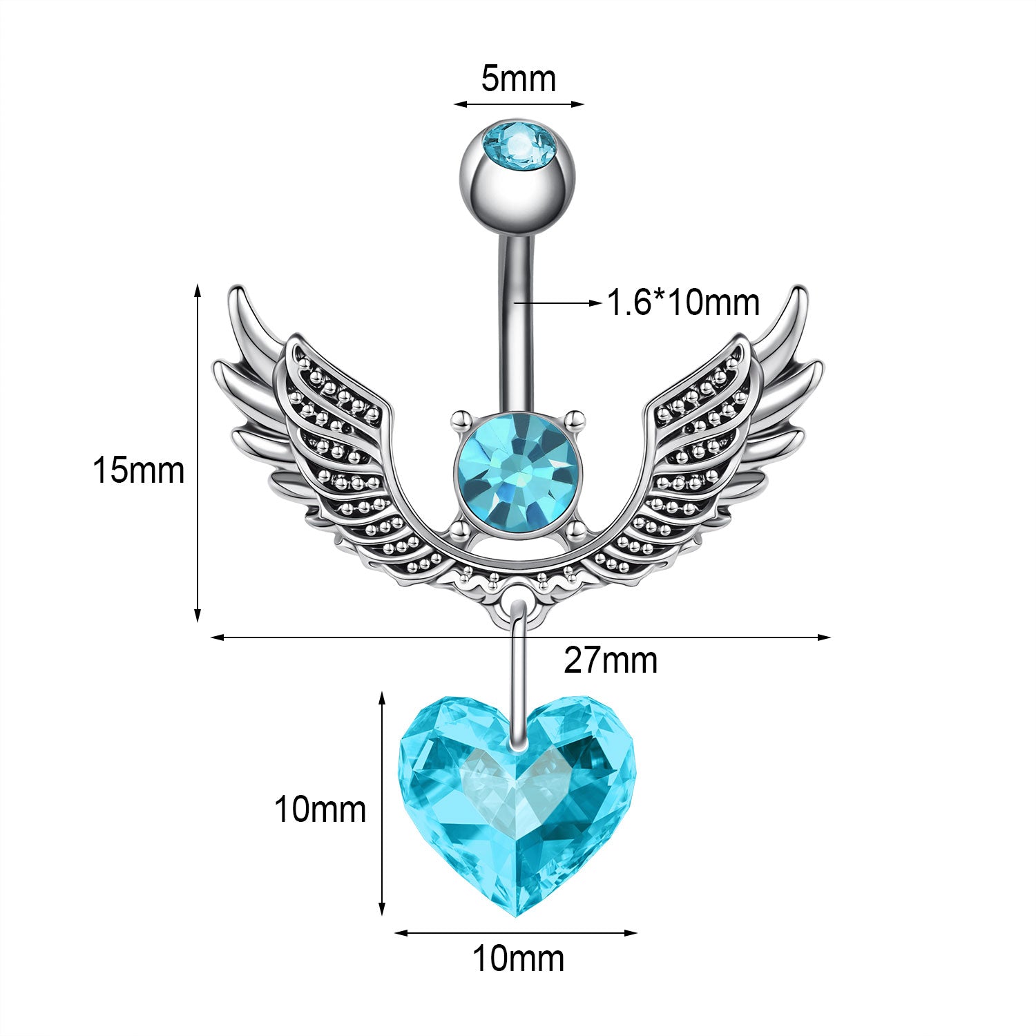14G Heart Dangle Belly Navel Rings Blue Zirconia Belly Button Rings