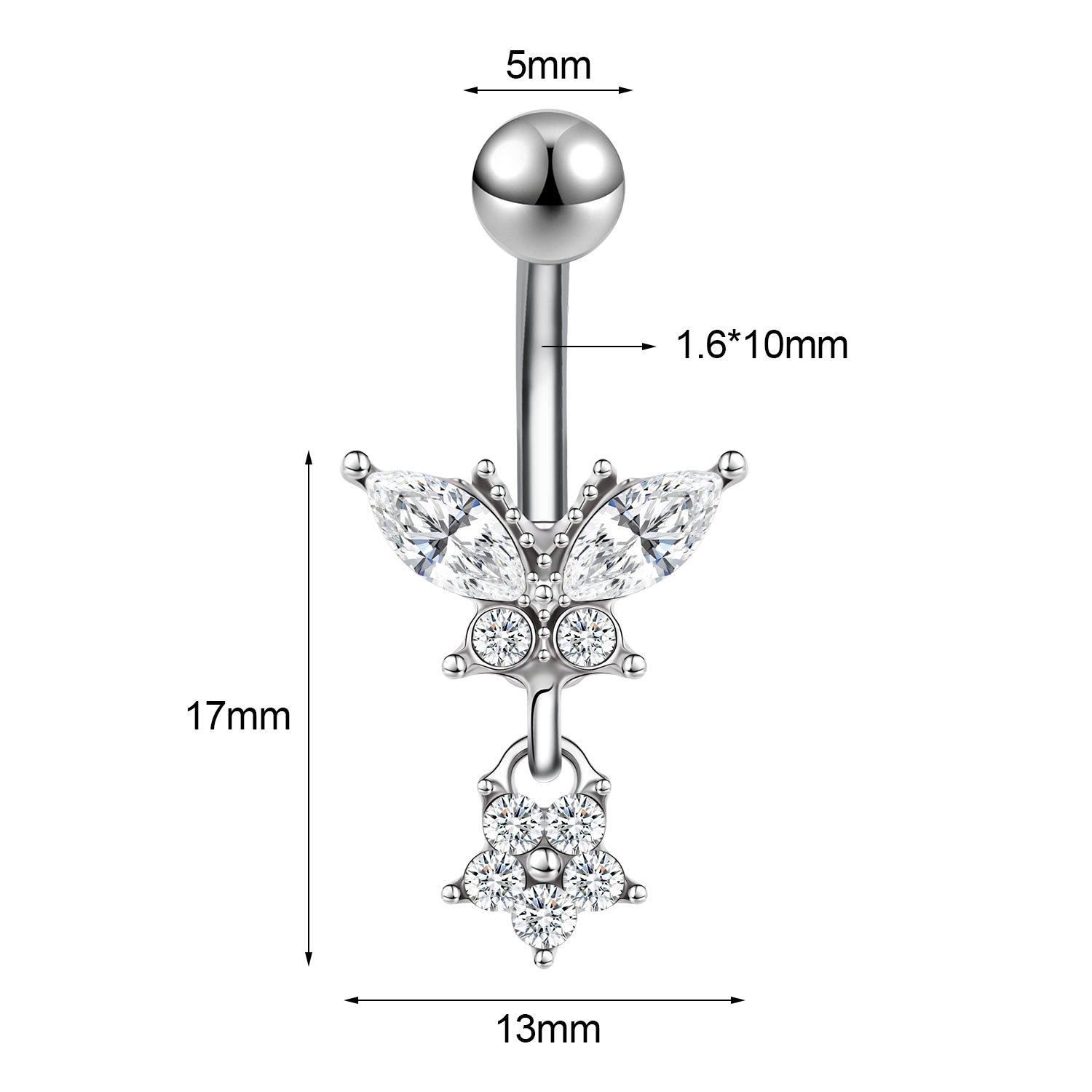 14G Butterfly Belly Navel Rings Zirconia Dangle Belly Button Rings