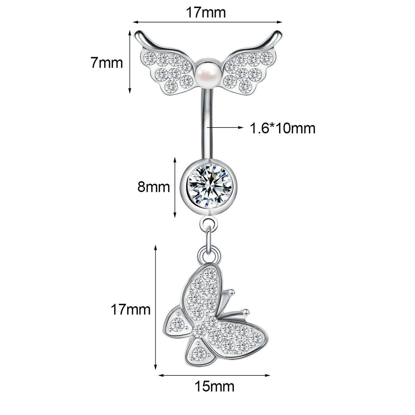 14G Butterfly Dangle Belly Navel Rings Bling Zircon Belly Button Rings