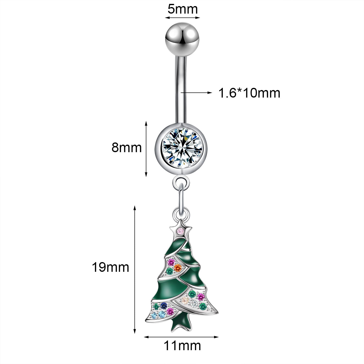 14G Christmas Tree Dangle Belly Navel Rings Bling Crystal Belly Button Rings