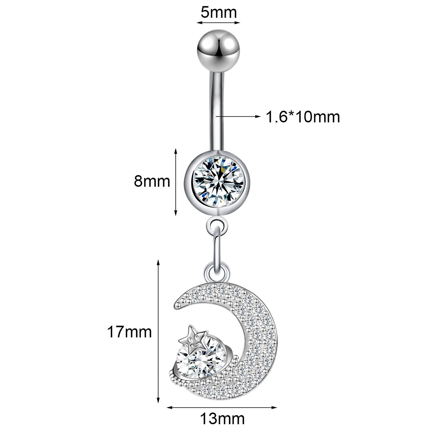 14G Moon Star Dangle Belly Navel Rings CZ Crystal Belly Button Rings