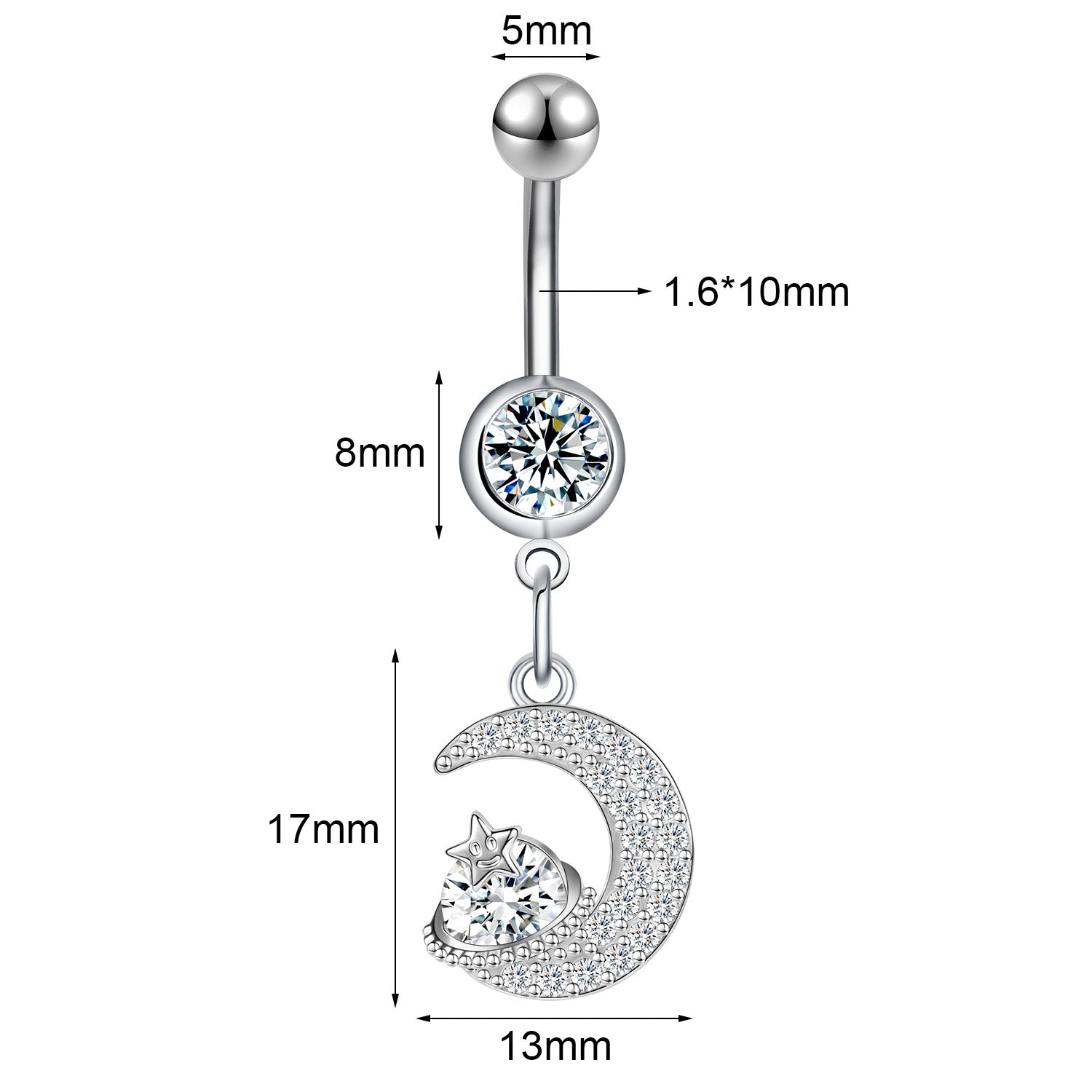 14G Moon Star Dangle Belly Navel Rings CZ Crystal Belly Button Rings