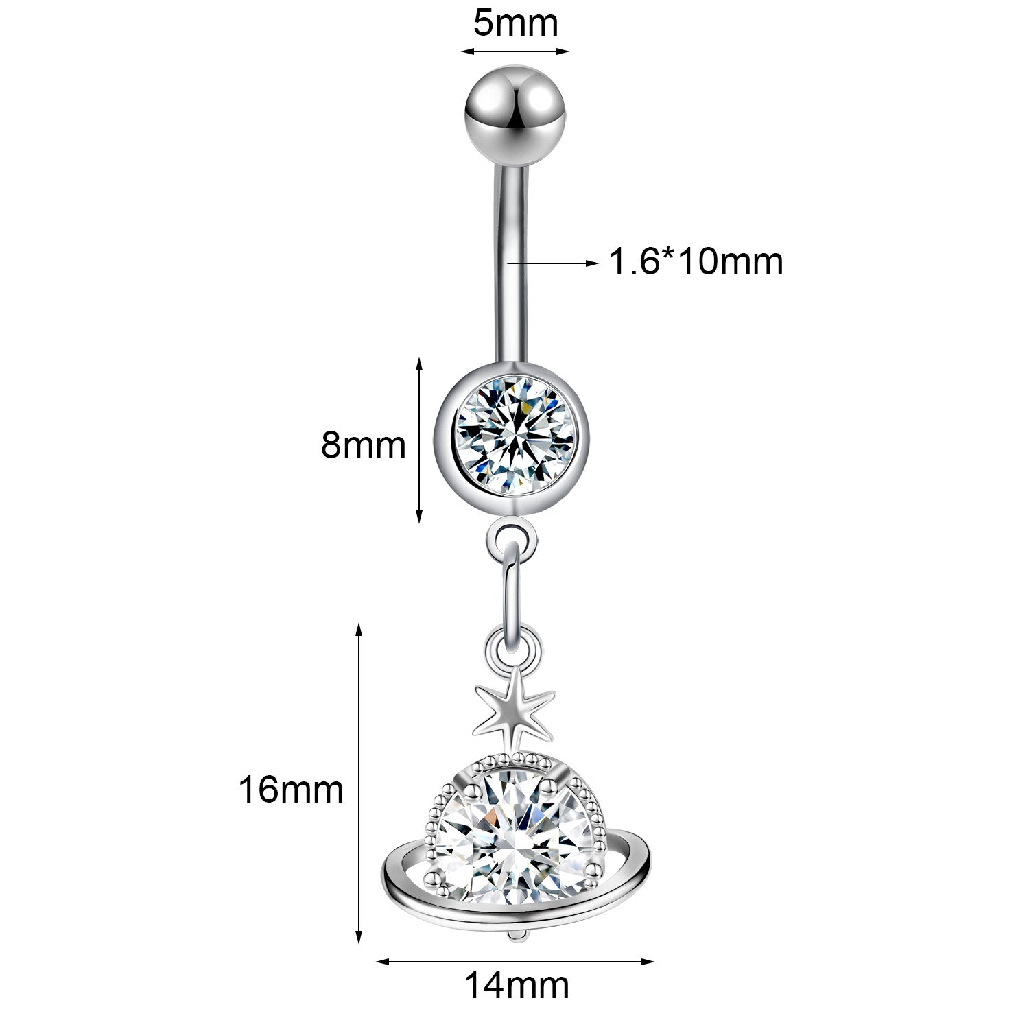 14G Planet Dangle Belly Navel Rings CZ Crystal Belly Button Rings