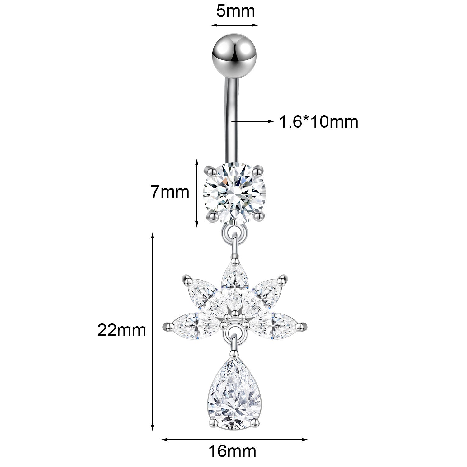 14G Zircon Dangle Belly Navel Rings Stainless Steel Belly Button Rings
