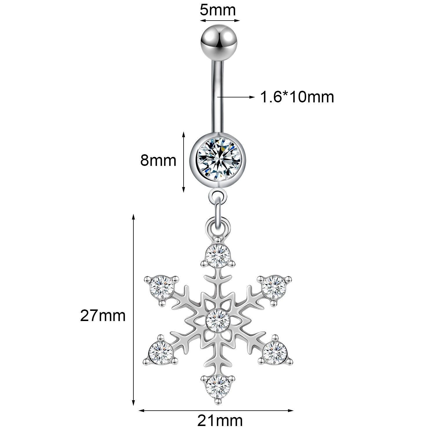 14G Snowflake Dangle Belly Navel Rings Clear Zircon Belly Button Rings