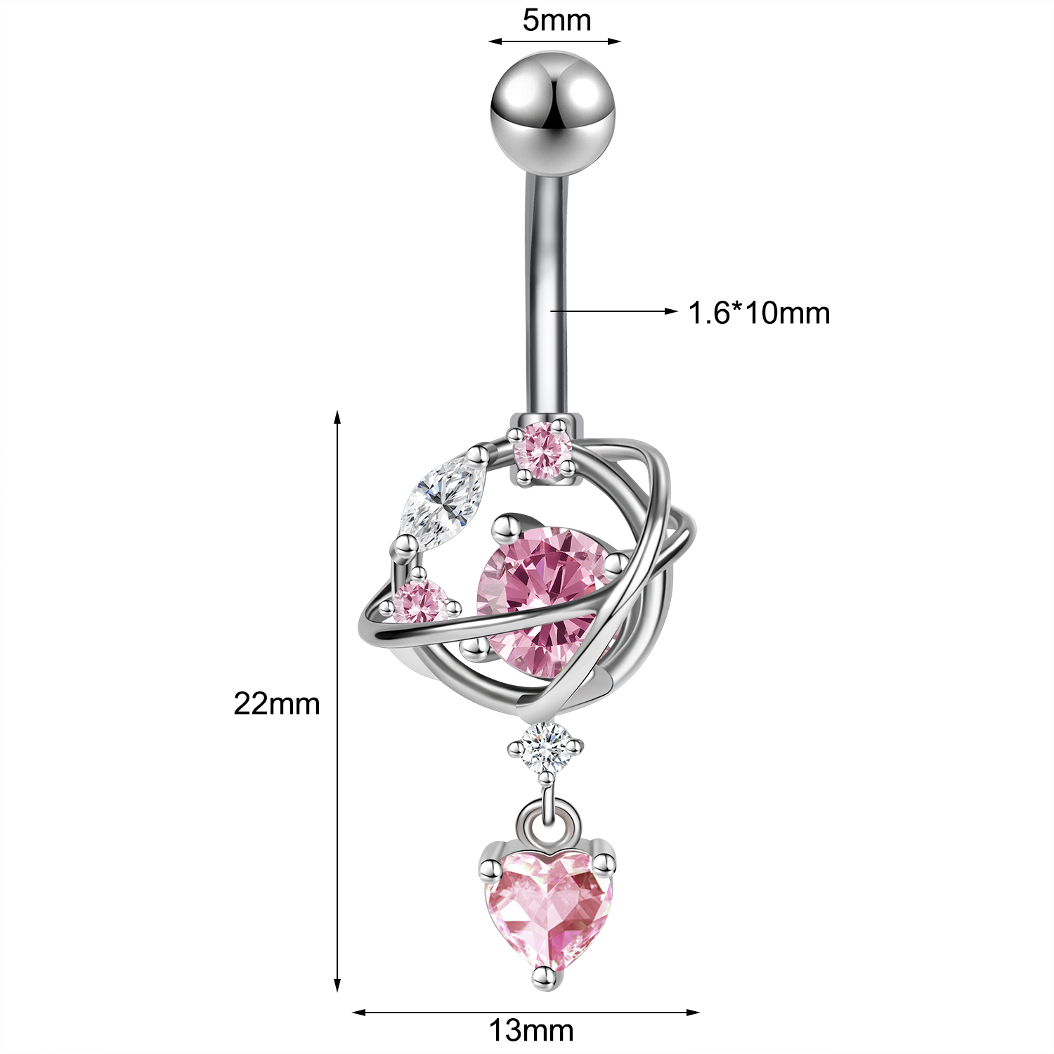 14G Heart Dangle Belly Navel Rings Pink Zircon Belly Button Rings