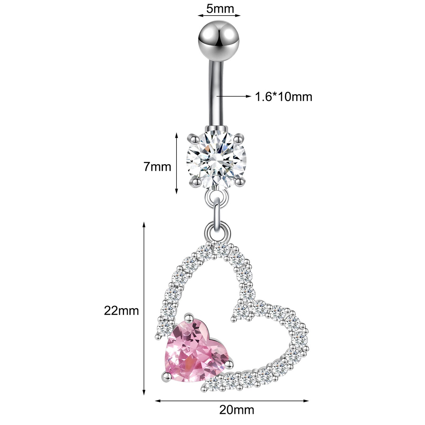 14G Heart Dangle Belly Navel Rings Bling Zircon Belly Button Rings