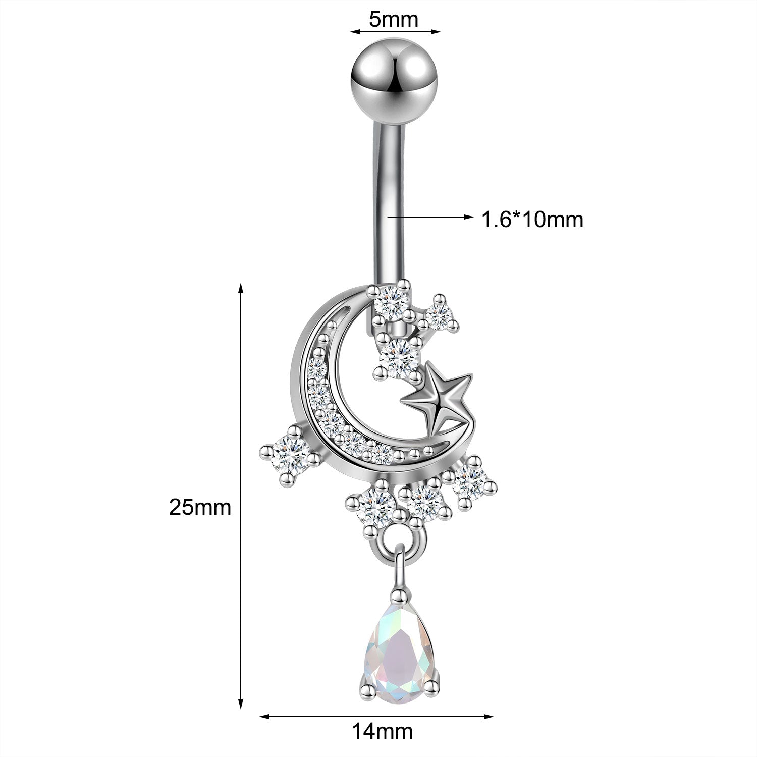14G Moon Star Belly Navel Rings Zircon Dangle Belly Button Rings