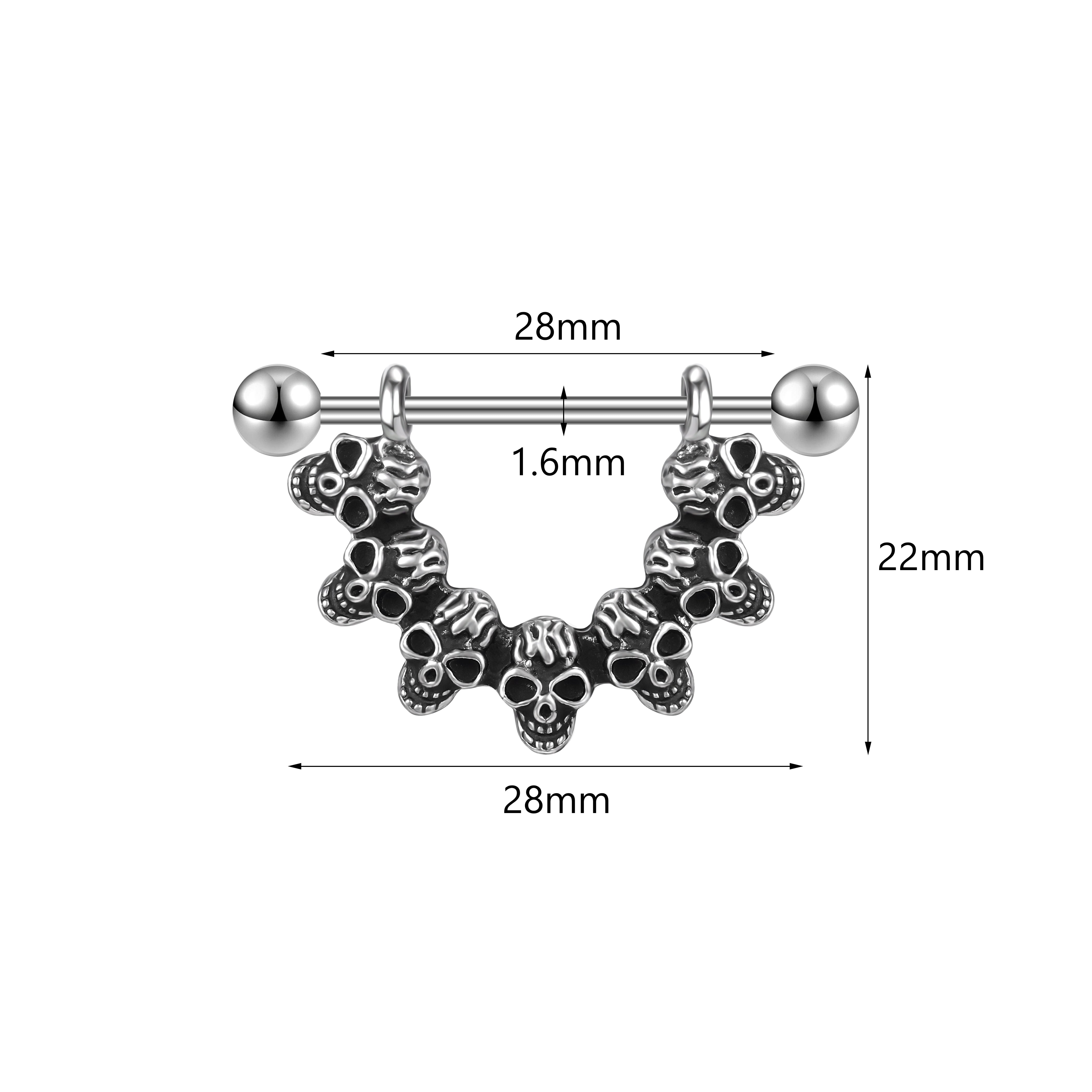 2Pcs 14G Skull Nipple Rings Stainless Steel Nipple Piercing Barbell Jewelry