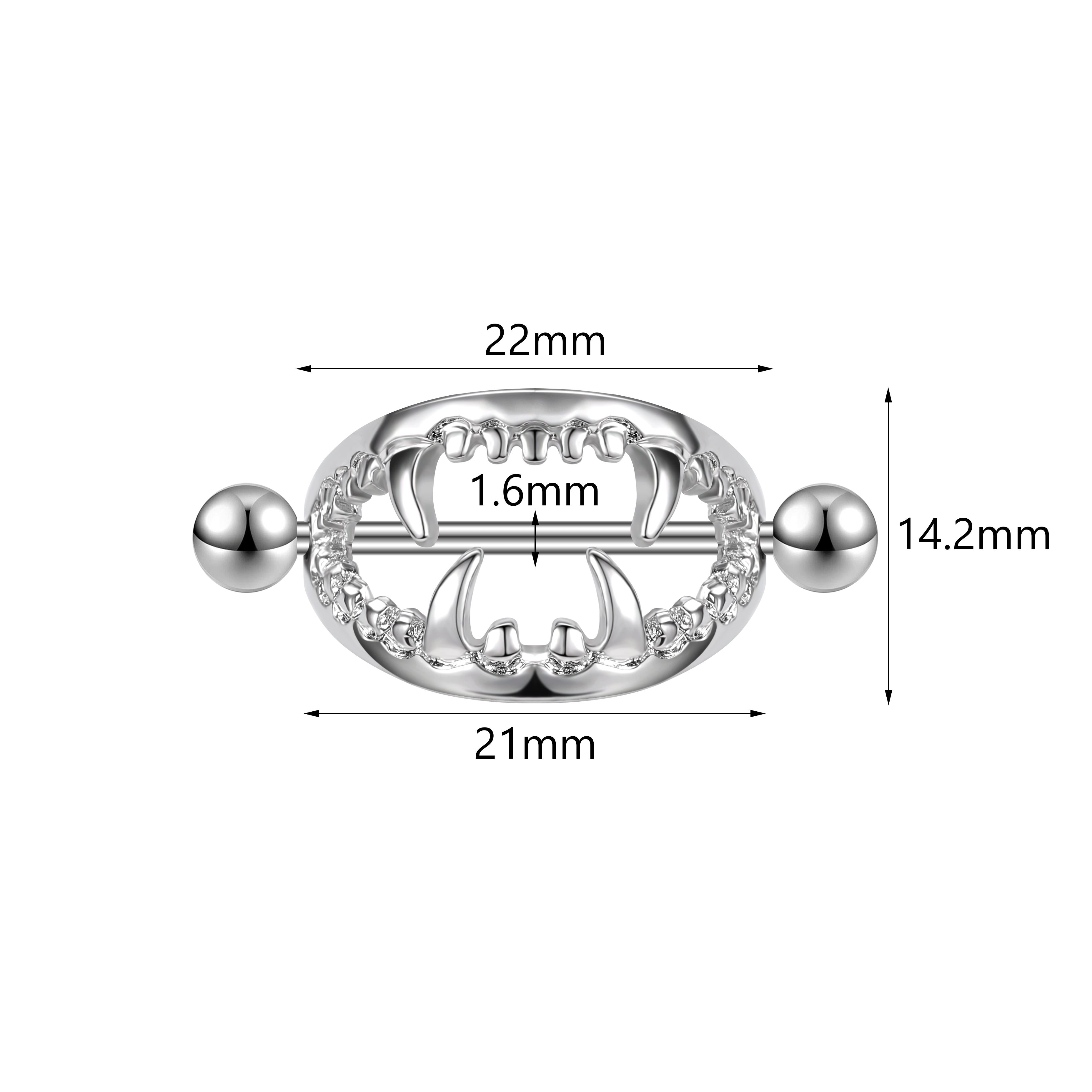2Pcs 14G Fangs Nipple Rings Stainless Steel Nipple Piercing Barbell Jewelry