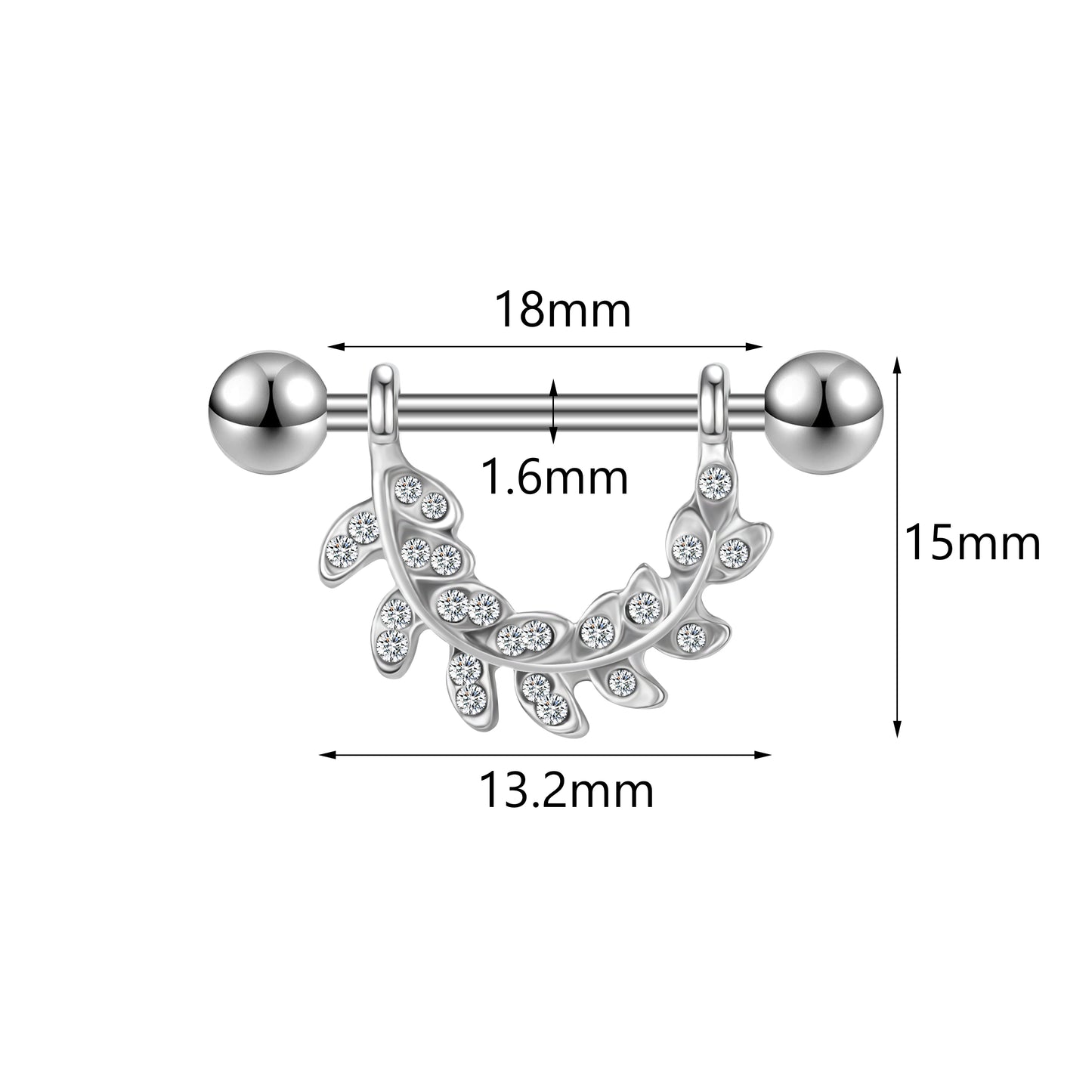 2Pcs 14G Leaves Nipple Rings Bling Crystal Nipple Piercing Barbell Jewelry