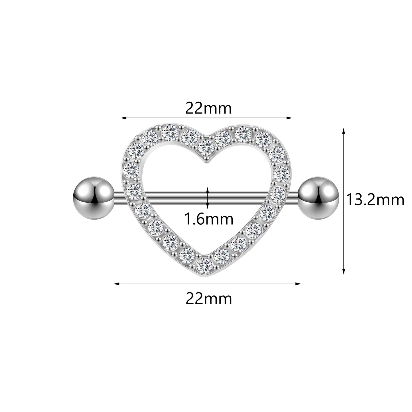 2Pcs 14G Heart Nipple Rings White Crystal Nipple Piercing Barbell Jewelry