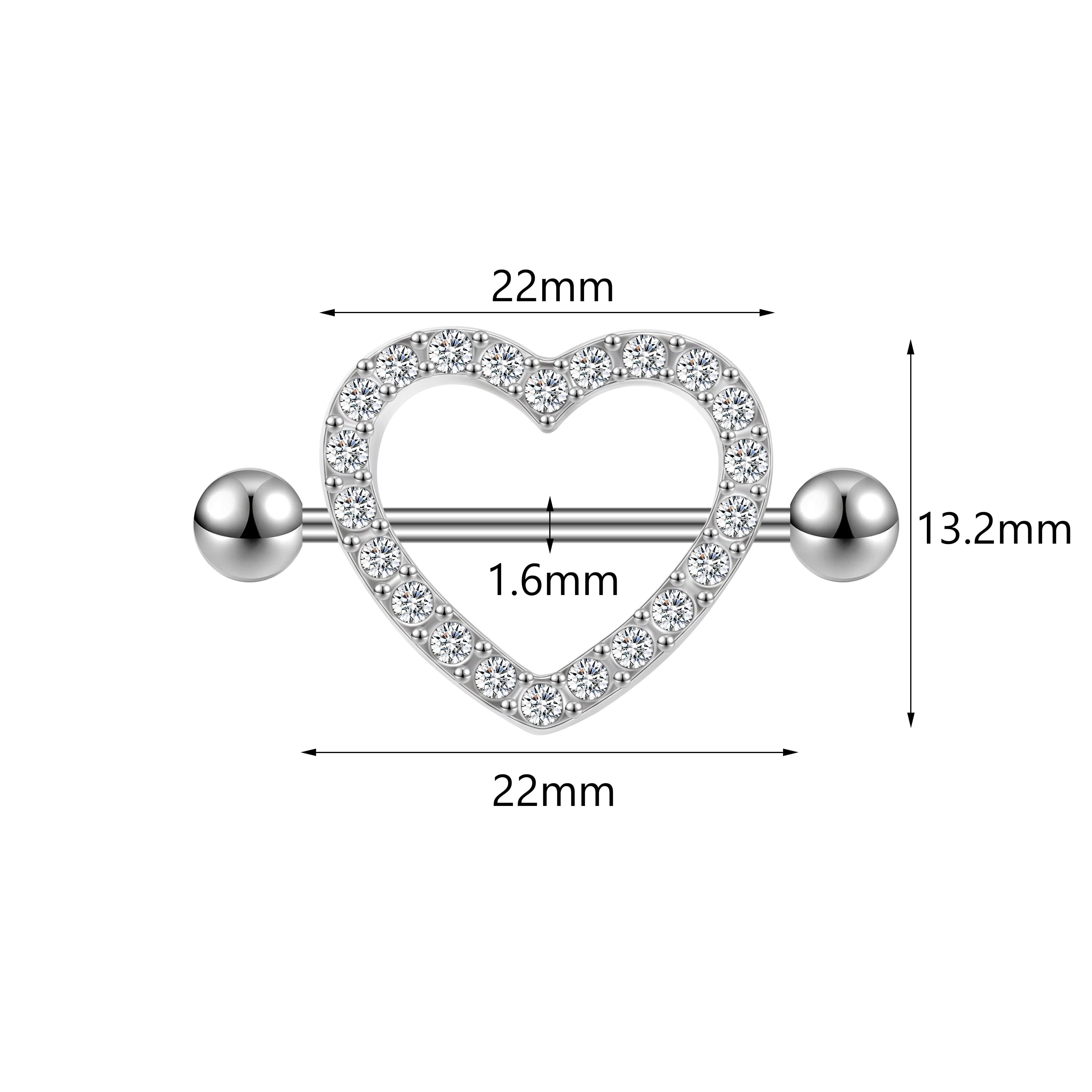 2Pcs 14G Heart Nipple Rings White Crystal Nipple Piercing Barbell Jewelry
