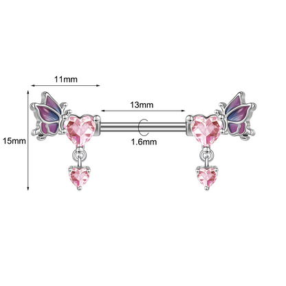 2Pcs 14G Heart Dangle Nipple Rings Pink Zircon Nipple Piercing Barbell Jewelry