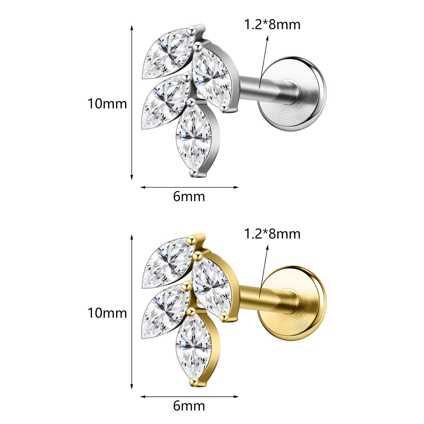 16g G23 Titanium Labret Ring Clear Zircon Stud Earring Threaded Conch Helix Lip Piercing