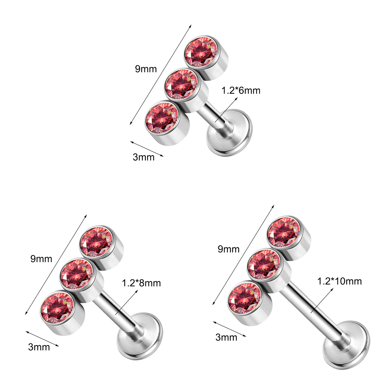 16g Pink Crystal Labret Ring Flat Back Stud Earring Push-in Conch Helix Lip Piercing