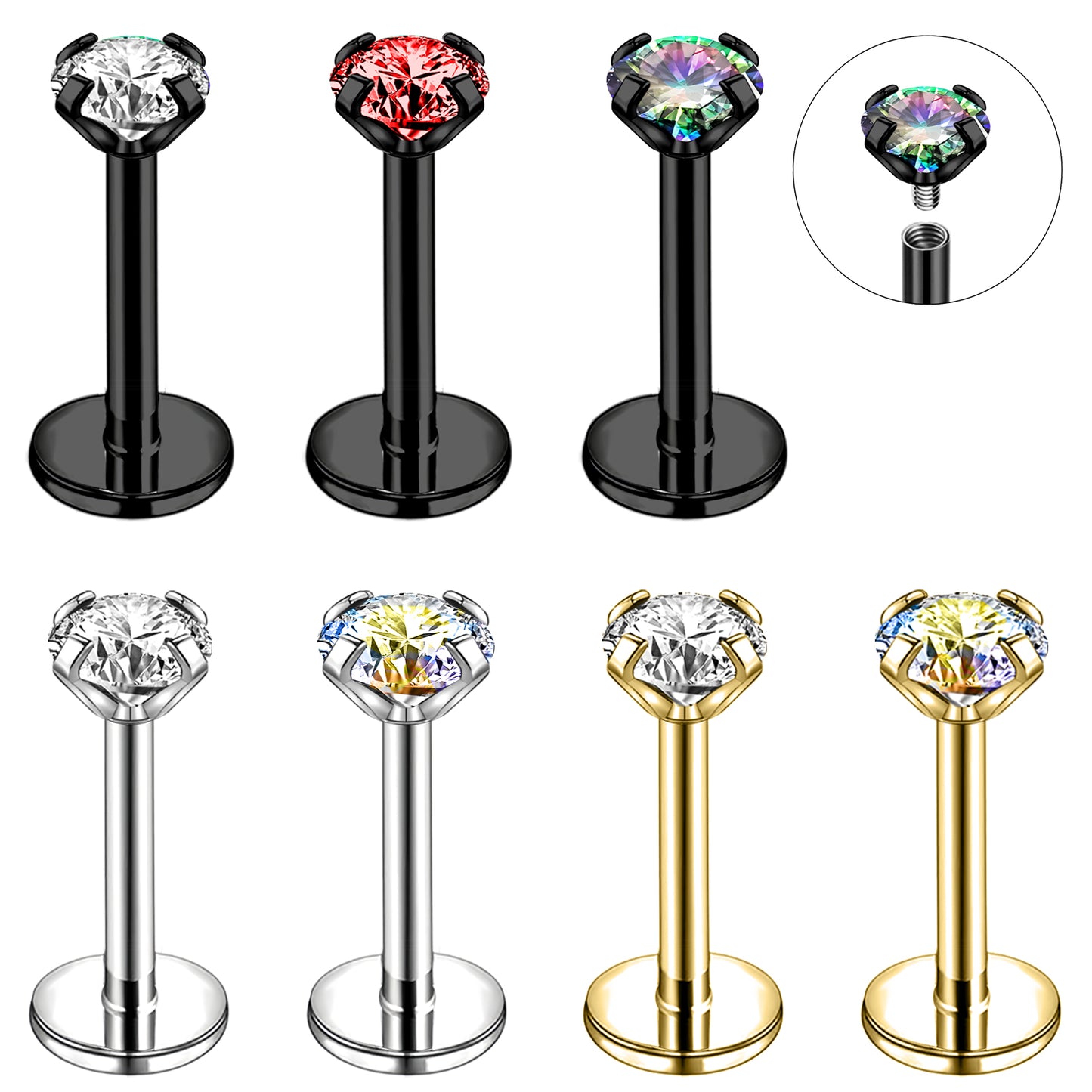 18g/20g Shiny Zircon Nose Stud Flat Back Nose Ring Internal Thread Nostril Piercing