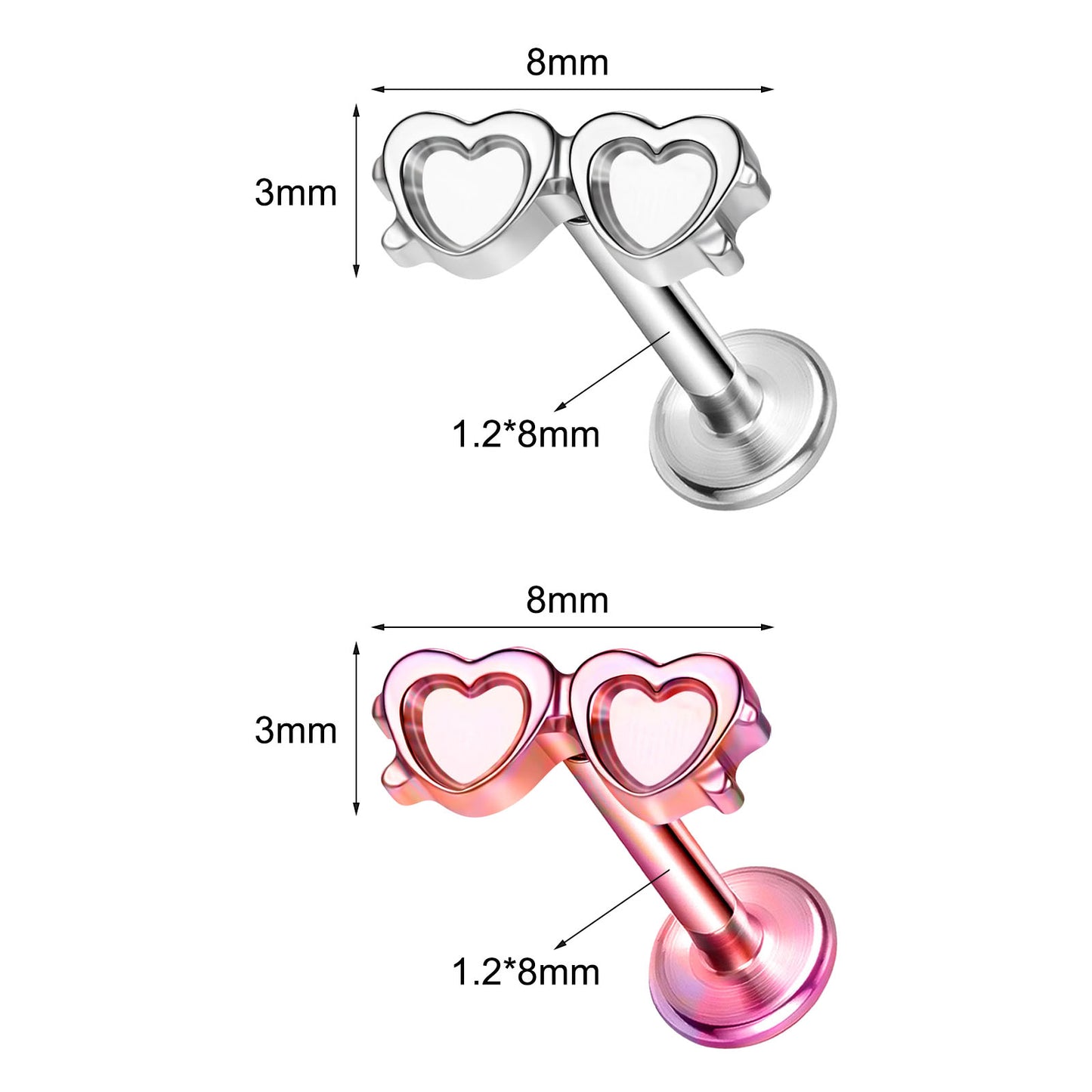 16g G23 Titanium Labret Ring Double Heart Stud Earring Threaded Conch Helix Lip Piercing