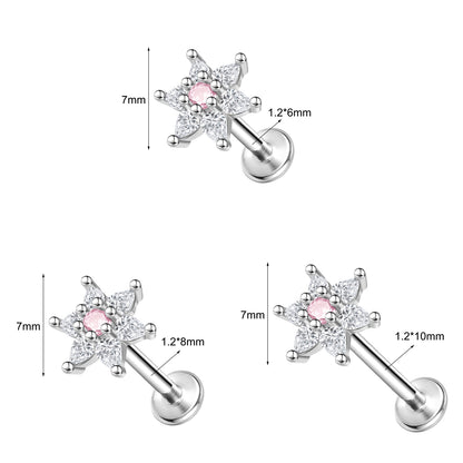 16g Flower Labret Ring Flat Back Stud Earring Push-in Conch Helix Lip Piercing