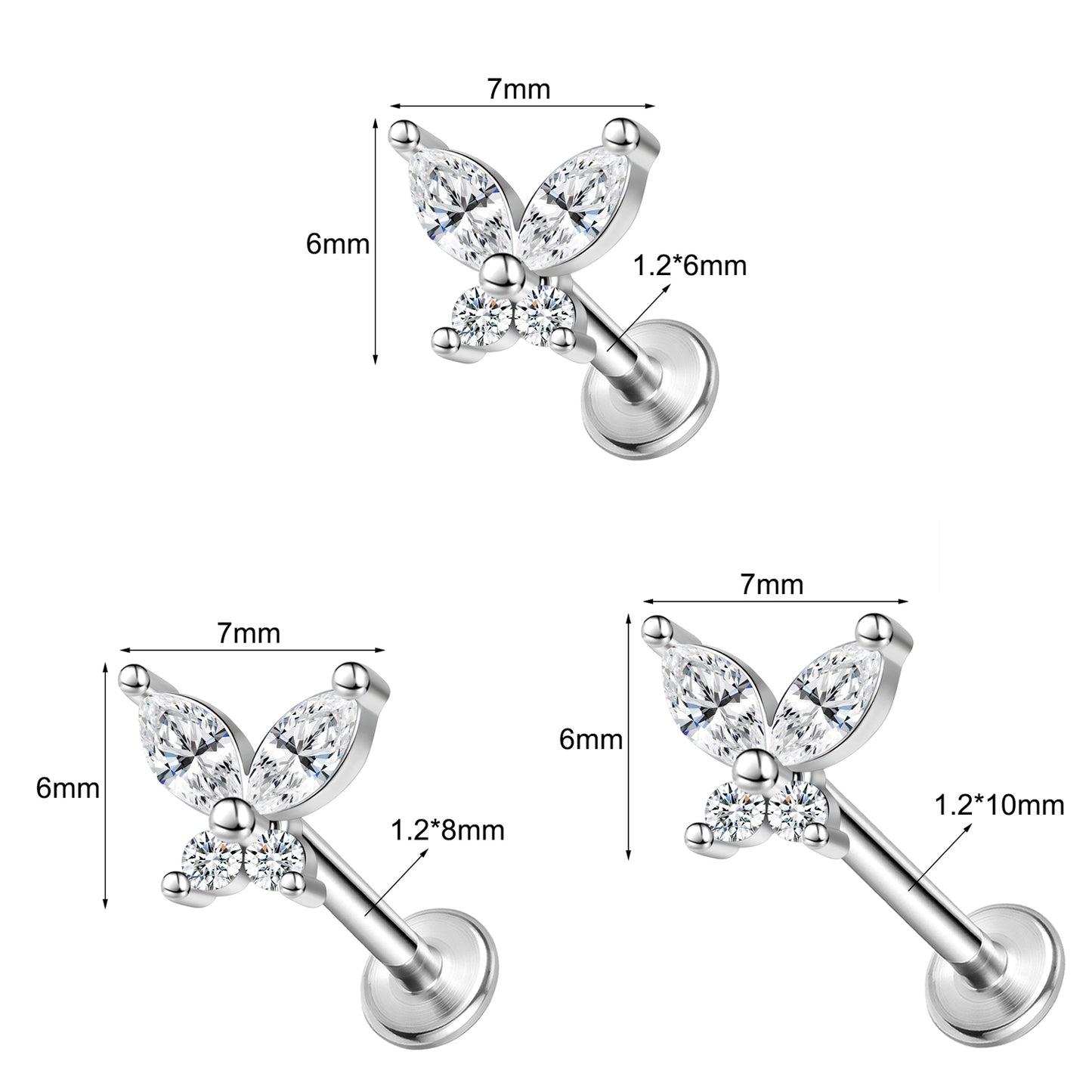 16g Butterfly Labret Ring Flat Back Stud Earring CZ Conch Helix Lip Piercing