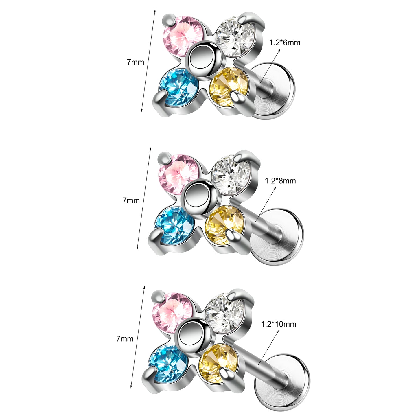 16g Multicolor Zircon Labret Ring Push in Stud Earring Threadless Conch Helix Lip Piercing