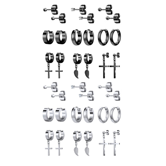 18pcs-set-cross-leaf-stud-earring-silver-black-ear-stud-economic-set