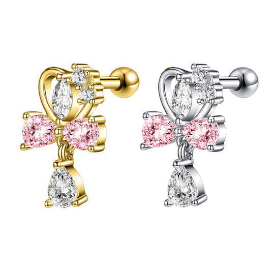 16G Pink Bowknot Stud Earring Gold Plated Heart Ear Stud Jewelry